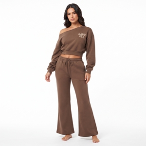 Ensemble deux pièces pour femme de haute qualité, haut court à manches longues et pantalon de jogging à jambes larges, logo brodé personnalisé - Product Image 2