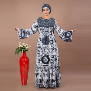 Vestido Maxi de Rayón con Estampado Digital Abstracto, Mangas Acampanadas, Detalle de Lazos y Silueta Relajada hasta el Suelo - Product Image 1