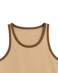 Débardeur beige personnalisé avec bordure contrastante marron, gilet sans manches en coton, col rond, décontracté d'été, singlet uni, fournisseur OEM - Product Image 4