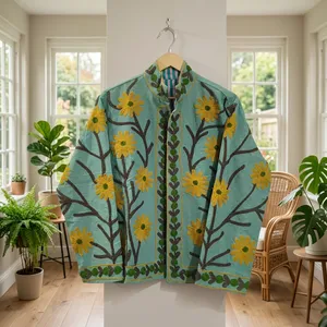 Chaqueta Boho con Bordado Floral de Margaritas, Cuello Alto, Manga Larga, Color Verde Azulado, Corte Holgado - Product Image 3