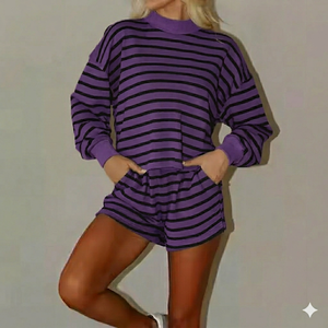 Conjunto de Top Casual con Cuello Alto y Pantalones Cortos para Mujer, Cálido, Cómodo, Relajado, Elegante, Ropa para Uso Diario - Product Image 1