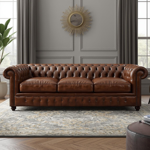 Sofá Chesterfield Clásico de Cuero Marrón de 3 Plazas con Respaldo Acolchado Profundo y Detalles de Tachuelas, Sofá de Lujo para Sala de Estar, Oficina, Decoración de Hotel - Product Image 1