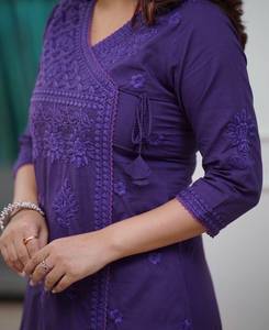 Women's Purple Cotton <b>Chikankari</b> Embroidery A-Line Kurti with Pant Regular Fit Knee Length Casual Wear <b>Suit</b> Set - Product Image 5