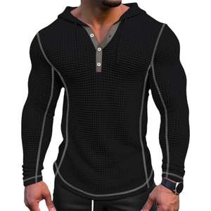 Sudadera con capucha de algodón Waffle ajustada para hombre con estilo, Sudadera larga transpirable con cierre de botón, tela de Waffle de moda - Product Image 2