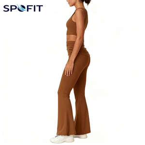 Custom Women's Yoga Set Halter Neck Sports Bra Top with High Waist <b>Flared</b> <b>Leggings</b> Seamless Fitness Gym Wear OEM ODM Active - Product Image 4