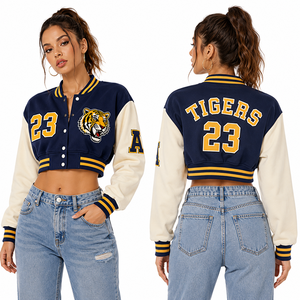 Women <b>Brown</b> Cropped Varsity Jacket Wolves Gold Number Embroidered Animal Logo Snap Button Streetwear Wholesale OEM Luxury Fit - Product Image 5