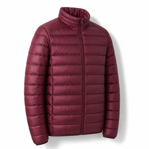 Unisex Burgundy Slim Fit Puffer Jacket Stand Collar Zipper Closure Waterproof Breathable Windproof Casual Winter Filling Solid - Product Image 5