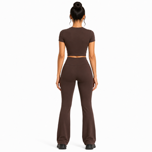 Conjunto de Yoga para Mujer con Logotipo Personalizado, Top Corto de Manga Corta con Cuello Redondo y Leggings Acampanados, 2 Piezas, Ropa Deportiva, Cintura Alta, Fabricante de Conjuntos para Gimnasio - Product Image 2