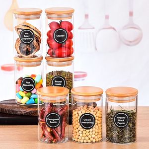Set di 12 Barattoli in Vetro Rotondi con Coperchi in Bambù e Adesivi per Spezie, Caramelle, Caffè, Sale, Pepe, Tè e Altri Prodotti - Product Image 1