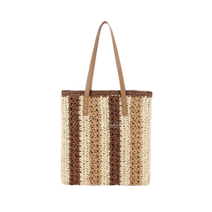 Paper Straw <b>Tote</b> Bag, Woven Striped Shoulder Bag with Leather Handles, Chic Bohemian Shopper Bag for Women - Vietnam Handicraft - Product Image 1