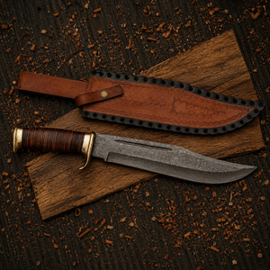 Cuchillo de Caza Fijo de Acero al Carbono de Excelente Calidad, Modelo Dundee Bowie, para Camping, Supervivencia al Aire Libre, con Hoja Recta y Punta Caída, con Funda de Cuero - Product Image 1