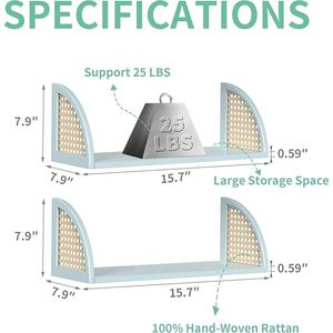 16\" Rustic Floating Rattan <b>Wall</b> Shelf Boho Decor Wood Storage <b>Shelves</b> <b>for</b> <b>Kitchen</b> Bathroom Living Room - Product Image 2