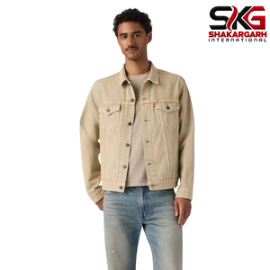 Veste en jean vintage pour homme, coupe classique, style camionneur, couleur beige unie, coupe régulière - Product Image 5