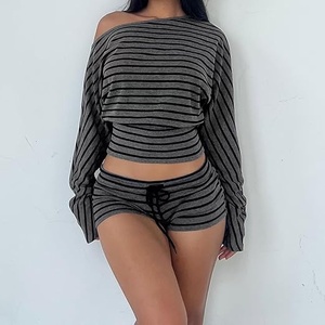 Women's Striped Knitted Crop <b>Top</b> And Shorts Set Off Shoulder Sleeveless Drawstring Waist Blue White Two Piece Outfit - Product Image 1