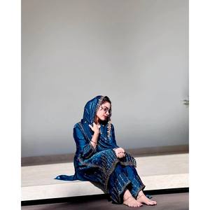 Party Wear Solid Woven Satin 3-Piece <b>Top</b>-Bottom and Dupatta Set with <b>Sequins</b> Embroidery Work XL Size - Product Image 5