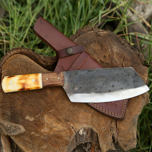 Couteau de chef Burraq OEM fait main en acier au carbone de qualité industrielle, multifonctionnel, motif goutte de pluie, avec étui en cuir et manche en bois - Product Image 3