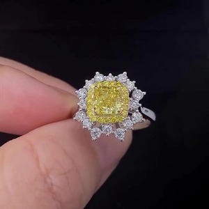 Trendy 1.00ct Fancy Yellow <b>Cushion</b> Lab-Grown Diamond IGI Certified Unique Flower Shape Fine Jewelry 14K White Gold Double <b>Ring</b> - Product Image 1