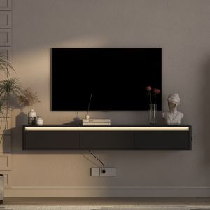 Mobile TV Sospeso a Parete con Luci LED e Presa di Corrente per TV Nera in Soggiorno - Product Image 3