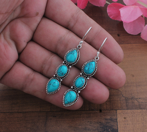 Boucles d'oreilles pendantes en turquoise à trois pierres, en argent sterling 925, forme goutte d'eau, luxe, unisexe, cadeau pour femme, mariage, fête - Product Image 2