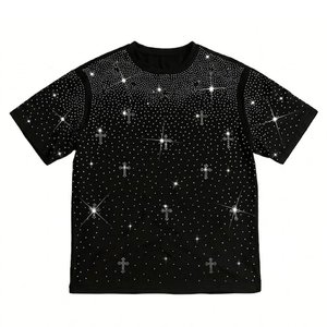 Conjuntos de camisas y pantalones cortos negros para hombre, con logotipo impreso personalizado, lavado ácido y pedrería, los más vendidos, para ropa urbana vintage de alta calidad. - Product Image 2
