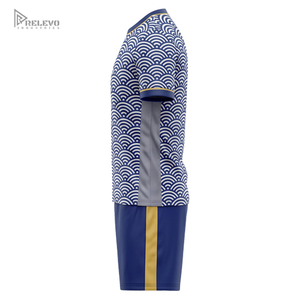 Kit de football OEM entièrement sublimé, uniforme de football sans col motif vague océanique, ensemble de sport avec short bleu marine uni, 100% polyester Circuit - Product Image 2
