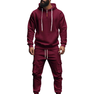 <b>Mens</b> Maroon Hooded Tracksuit Solid Color Full Length Casual Sweatshirt And Joggers With Side Pockets Drawstring Closure - Product Image 2
