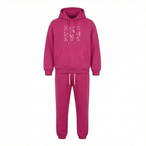 Unisex <b>Pink</b> Hooded <b>Tracksuit</b> Set Cotton Geometric Print Casual Sweatshirt And Joggers Full Length Drawstring Closure - Product Image 1