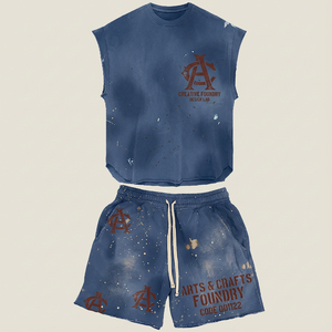 Custom Casual Set Men Summer Cotton Vintage Washed Sleeveless Round Neck T Shirt Two Set Men Shorts and T Shirt Set - Product Image 4
