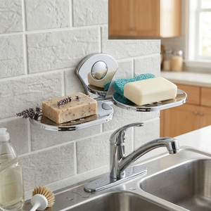Porte-savon double en acier inoxydable, finition chromée, à fixer au mur, plateau à savon double 2 en 1 avec trous de drainage, salle de bain et lavabo - Product Image 4