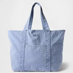 Bolsa de tela vaquera de gran capacidad con bolsillo frontal, bolso de hombro de lona azul para compras diarias, playa y viajes. - Product Image 1