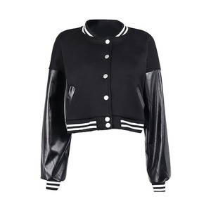 <b>Women's</b> Cropped Varsity <b>Jacket</b> <b>Black</b> PU Leather Sleeve Solid Color Crew Neck Button Closure Autumn Streetwear Style - Product Image 6