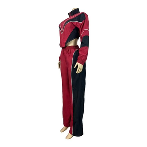 Women's Red Black Color Blocking <b>Tracksuit</b> Full Sleeve Turtleneck Sporty Jogger Set Quick Dry Spandex Polyester Spring Wear - Product Image 3