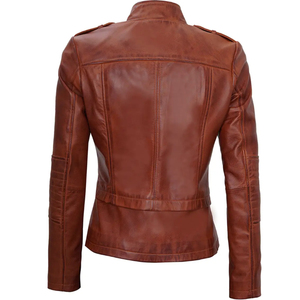 Chaqueta Bomber de Cuero Genuino Marrón REBA SPORTS IMPEX para Mujer, Manga Larga, Cuello Alto, Cierre de Cremallera Transpirable - Product Image 4