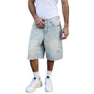 Pantalones Cortos de Mezclilla Holgados para Hombre, Color Azul Hielo Claro, Estilo Vintage, Lavado Ácido, Pierna Ancha, Retro, Ropa Urbana de Verano - Product Image 1