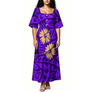 Robe longue tendance pour femme à imprimé floral Frangipani Samoa, col carré, boutonnée sur le devant, manches courtes, taille haute - Product Image 2