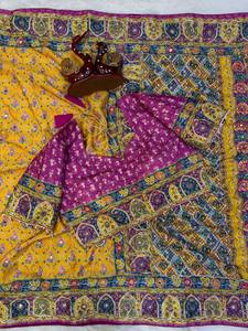 Trending stylish designer Soft Chinnon with beautiful print Gold Zari and <b>Ribbon</b> work saree collection - Product Image 5