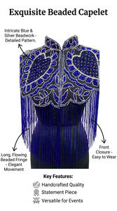 Royal Blue Thin Chiffon Beaded Fringe Cape Sequin Embroidered Shoulder Wrap Women Evening Party Fashion Statement Accessory - Product Image 6