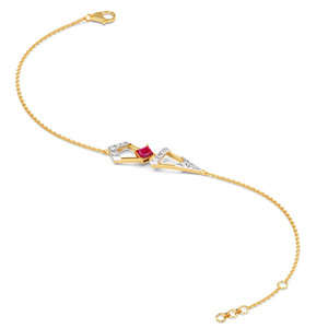 Geometric <b>Red</b> Stone Diamond <b>Bracelet</b> with Yellow Gold Chain and Arrow Frame Center Design - Product Image 3