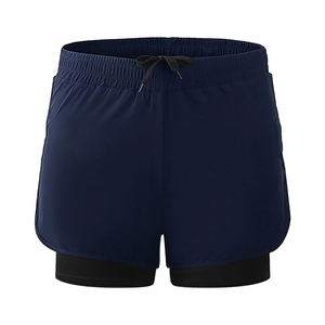 Custom Logo Summer Double <b>Layer</b> Shorts Navy Blue Color Gym Fitness Running Jogging Polyester Spandex Quick Dry Shorts - Product Image 1