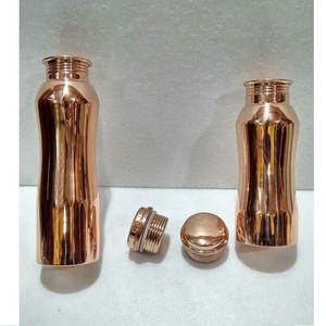 Handcrafted Indian Annular Ribbed Pure Copper Water <b>Bottle</b> Vintage <b>Brushed</b> Surface Natural Health Benefits Vessel - Product Image 2