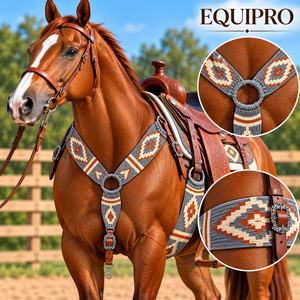 EQUIPO: Conjunto de Cinturón y Collarín para Caballo con Cuentas Púrpuras, Patrón de Diamantes, Lana y Hebillas de Concho de Cuero, Hecho en Uttar Pradesh - Product Image 3