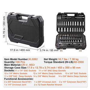 Set di chiavi a bussola SAE/metriche da 106 pezzi, a 6 punte, con attacco da 1/4" e 3/8", con cricchetto e bussole profonde per lavori di riparazione - Product Image 4