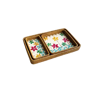 Juego de bandejas de servir de ratán natural hechas a mano con incrustaciones coloridas de nácar, cestas de almacenamiento de mimbre tejidas a mano y ecológicas. - Product Image 1