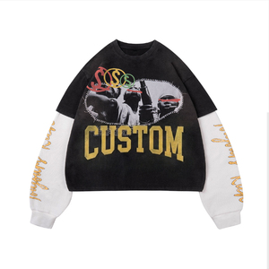 Custom Photo Print Oversized Long Sleeve T-Shirt <b>Men</b> Street Style Cotton O-Neck Knitted Contrast Trim Crop Fit - Product Image 1