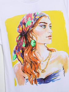 T-shirt blanc à manches courtes pour femme avec imprimé artistique peint à la main, col rond, haut décontracté d'été, 100% coton, tissu jersey respirant - Product Image 6