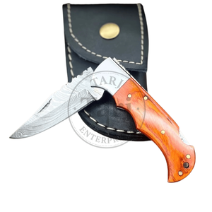 Premium Damascus EDC Folding Knife <b>Drop</b> Point Blade Wooden Handle Survival Professional Custom Pocket Knife 3-Year Warranty TARJ - Product Image 3