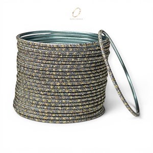 Wedding Ready Grey Stainless Steel Fashion <b>Bangles</b> <b>Bracelet</b> Set for Women Glitter Gold Plated Crystal Accents at Wholesale Price - Product Image 2