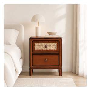 Table de chevet en bois en gros avec 2 tiroirs et façade en rotin, meuble de rangement moderne pour chambre à coucher - Product Image 1