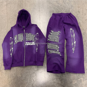 Personalizado apliques parche bordado Jogger chándales lavado ácido sol desteñido acampanado Sudadera con capucha y pantalones de chándal conjunto para hombres - Product Image 2