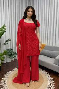 Conjunto de Pantalón de Corte Boot-Cut y Top Bordado a la Moda con Dupatta para Mujer - Product Image 4